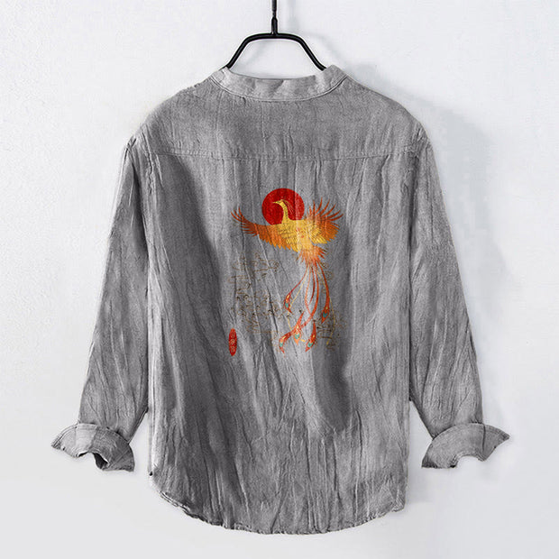 Buddha Stones Phoenix Clouds Red Sun Pattern Half Buttons Men's Cotton Linen Long Sleeve Shirt - image 7