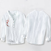 Buddha Stones Red Flower Lantern Pattern Half Buttons Men's Cotton Linen Long Sleeve Shirt - image 2