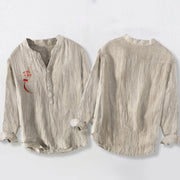 Buddha Stones Red Flower Lantern Pattern Half Buttons Men's Cotton Linen Long Sleeve Shirt - image 5