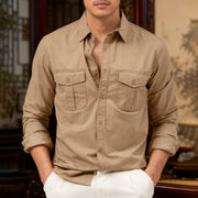 Buddha Stones Solid Color Men's Stand Collar Long Sleeve Cotton Shirt With Pockets - BurlyWood - US/UK/AU46，EU56 (3XL) - image 0