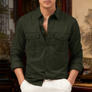 Buddha Stones Solid Color Men's Stand Collar Long Sleeve Cotton Shirt With Pockets - DarkOliveGreen - US/UK/AU46，EU56 (3XL) - image 3