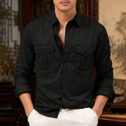 Buddha Stones Solid Color Men's Stand Collar Long Sleeve Cotton Shirt With Pockets - Black - US/UK/AU46，EU56 (3XL) - image 6