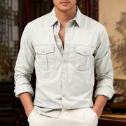 Buddha Stones Solid Color Men's Stand Collar Long Sleeve Cotton Shirt With Pockets - White - US/UK/AU46，EU56 (3XL) - image 6