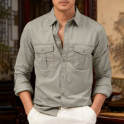 Buddha Stones Solid Color Men's Stand Collar Long Sleeve Cotton Shirt With Pockets - LightGrey - US/UK/AU46，EU56 (3XL) - image 12