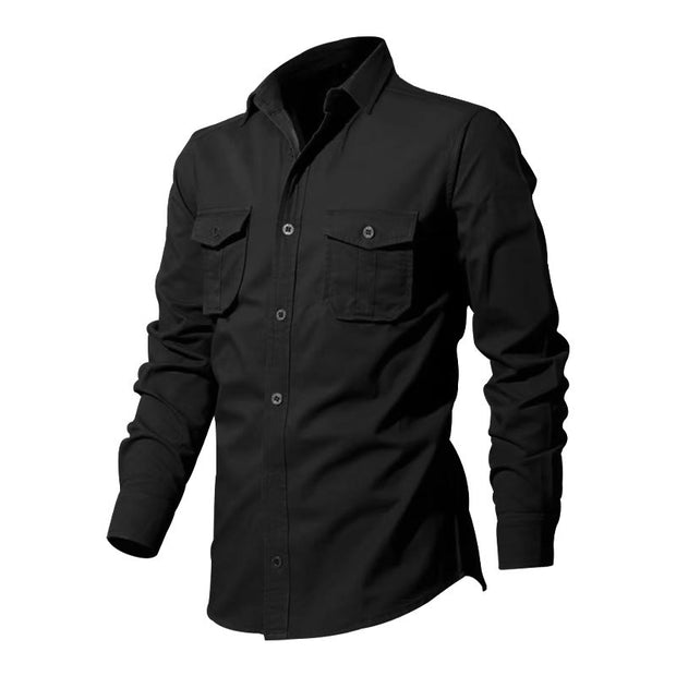 Buddha Stones Solid Color Men's Stand Collar Long Sleeve Cotton Shirt With Pockets - image 8