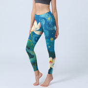 Buddha Stones Lotus Flowers Starry Sky Pattern Print Gym Leggings Women's Yoga Pants - SteelBlue - US18，UK/AU22，EU50 (4XL) - image 0