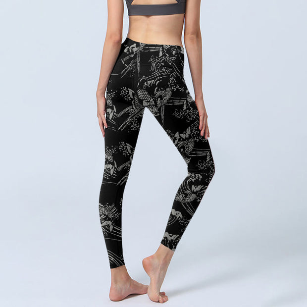 Buddha Stones Black Koi Fish Pattern Print Gym Leggings Women's Yoga Pants - image 3