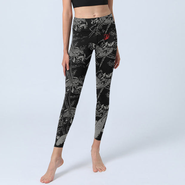 Buddha Stones Black Koi Fish Pattern Print Gym Leggings Women's Yoga Pants - image 5