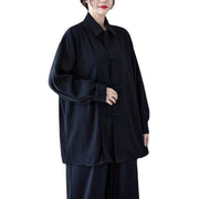 Buddha Stones Black Plain Frog-Button Lapel Women's Cotton Long Sleeve Shirt - image 7