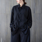 Buddha Stones Black Plain Frog-Button Lapel Women's Cotton Long Sleeve Shirt - Black - US12，UK/AU16，EU44 (XL) - image 0