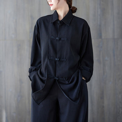 Buddha Stones Black Plain Frog-Button Lapel Women's Cotton Long Sleeve Shirt - Black - US12，UK/AU16，EU44 (XL) - image 0