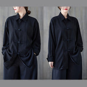Buddha Stones Black Plain Frog-Button Lapel Women's Cotton Long Sleeve Shirt - image 5
