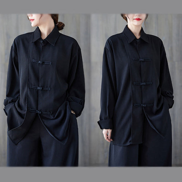 Buddha Stones Black Plain Frog-Button Lapel Women's Cotton Long Sleeve Shirt - image 5