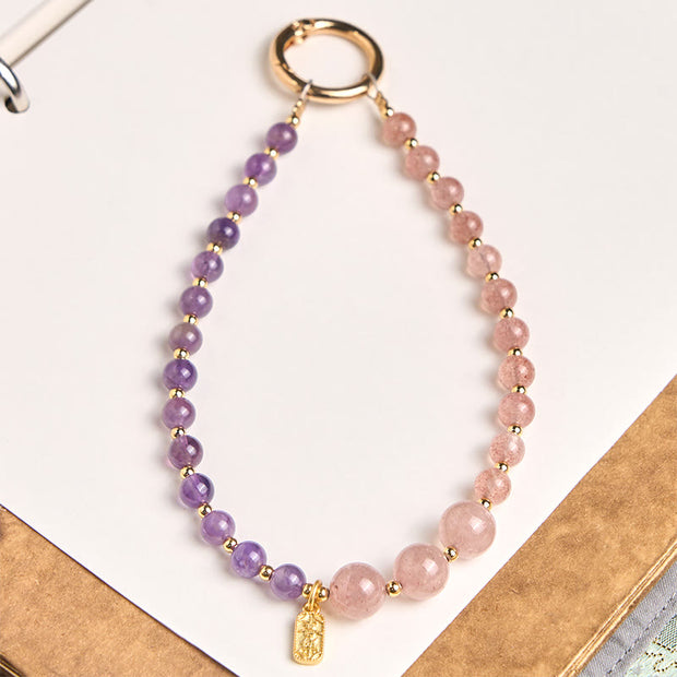 Buddha Stones Strawberry Quartz Amethyst Happiness Healing Key Chain Phone Hanging Decoration - Strawberry Quartz(Healing ♥ Positive) - image 0