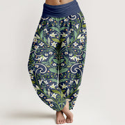 Buddha Stones Pure Cotton Elegant Lily Petal Leaf Pattern Women's Elastic Waist Harem Pants - Navy - US16，UK/AU20，EU48 (3XL) - image 8