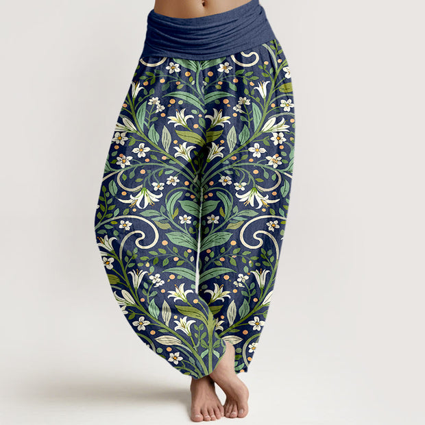 Buddha Stones Pure Cotton Elegant Lily Petal Leaf Pattern Women's Elastic Waist Harem Pants - Navy - US16，UK/AU20，EU48 (3XL) - image 8