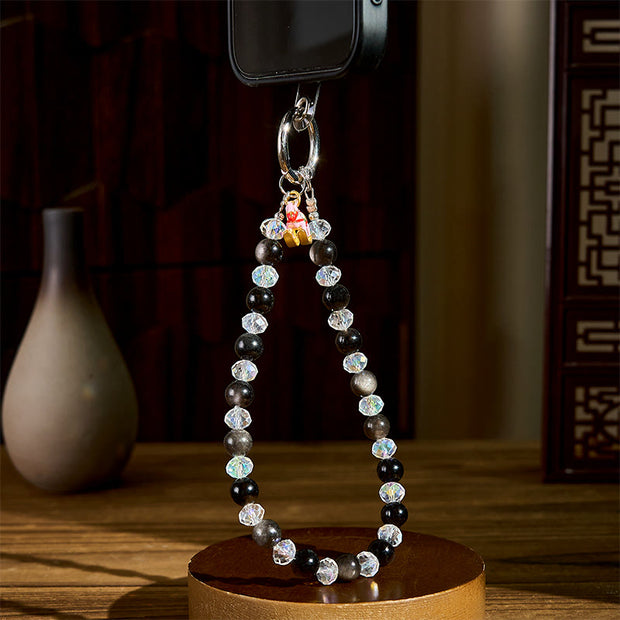 Buddha Stones Year of the Horse Silver Sheen Obsidian Protection Key Chain Phone Hanging Decoration - image 3