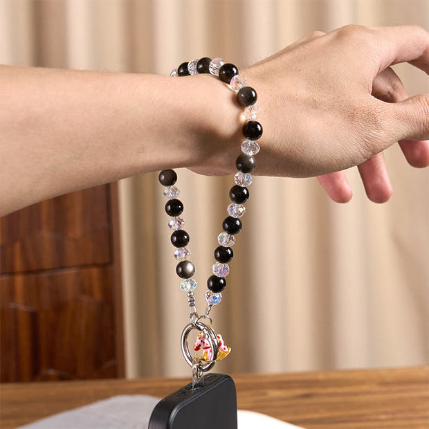 Buddha Stones Year of the Horse Silver Sheen Obsidian Protection Key Chain Phone Hanging Decoration - image 5