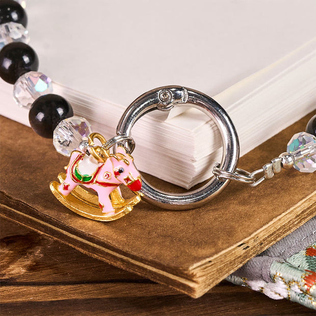 Buddha Stones Year of the Horse Silver Sheen Obsidian Protection Key Chain Phone Hanging Decoration - image 2