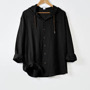 Buddha Stones Solid Color Long Sleeve Hooded Drawstring Buttons Linen Men's Shirt - Black - US/UK/AU44，EU54 (3XL) - image 9
