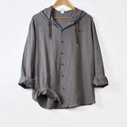 Buddha Stones Solid Color Long Sleeve Hooded Drawstring Buttons Linen Men's Shirt - DarkGray - US/UK/AU44，EU54 (3XL) - image 10