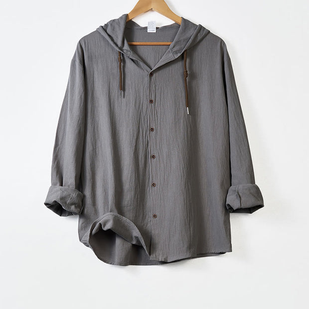 Buddha Stones Solid Color Long Sleeve Hooded Drawstring Buttons Linen Men's Shirt - DarkGray - US/UK/AU44，EU54 (3XL) - image 10
