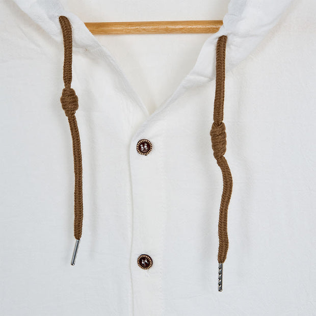 Buddha Stones Solid Color Long Sleeve Hooded Drawstring Buttons Linen Men's Shirt - image 6