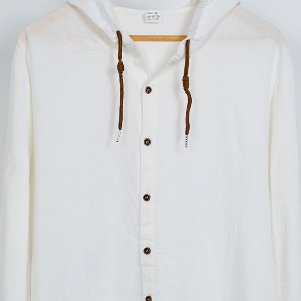 Buddha Stones Solid Color Long Sleeve Hooded Drawstring Buttons Linen Men's Shirt - image 7
