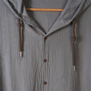 Buddha Stones Solid Color Long Sleeve Hooded Drawstring Buttons Linen Men's Shirt - image 13