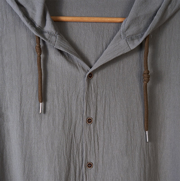 Buddha Stones Solid Color Long Sleeve Hooded Drawstring Buttons Linen Men's Shirt - image 13
