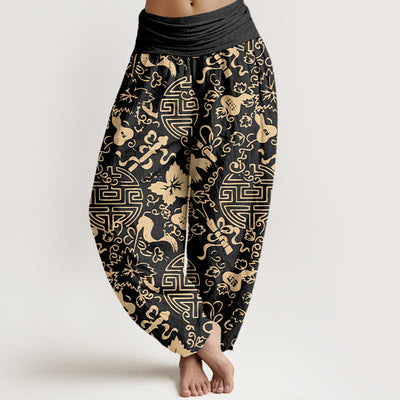 Buddha Stones Pure Cotton Chinese Character Gourd Auspicious Pattern Women's Elastic Waist Harem Pants - Black - US16，UK/AU20，EU48 (3XL) - image 0