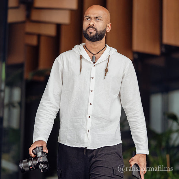 Buddha Stones Solid Color Long Sleeve Hooded Drawstring Buttons Linen Men's Shirt - image 3