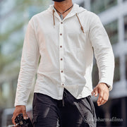 Buddha Stones Solid Color Long Sleeve Hooded Drawstring Buttons Linen Men's Shirt - White - US/UK/AU44，EU54 (3XL) - image 0