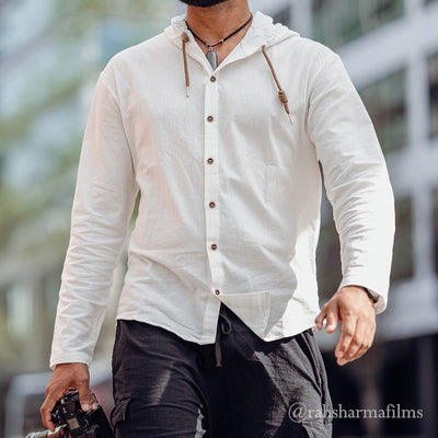 Buddha Stones Solid Color Long Sleeve Hooded Drawstring Buttons Linen Men's Shirt - White - US/UK/AU44，EU54 (3XL) - image 0