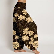 Buddha Stones Cotton Lotus Flowers Leaves Pods Pattern Women's Elastic Waist Harem Pants - image 2
