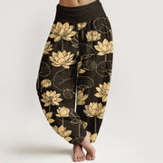 Buddha Stones Cotton Lotus Flowers Leaves Pods Pattern Women's Elastic Waist Harem Pants - Black - US16，UK/AU20，EU48 (3XL) - image 0