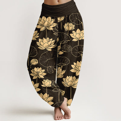 Buddha Stones Cotton Lotus Flowers Leaves Pods Pattern Women's Elastic Waist Harem Pants - Black - US16，UK/AU20，EU48 (3XL) - image 0