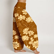 Buddha Stones Cotton Lotus Flowers Leaves Pods Pattern Women's Elastic Waist Harem Pants - image 7