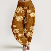 Buddha Stones Cotton Lotus Flowers Leaves Pods Pattern Women's Elastic Waist Harem Pants - Chocolate - US16，UK/AU20，EU48 (3XL) - image 5