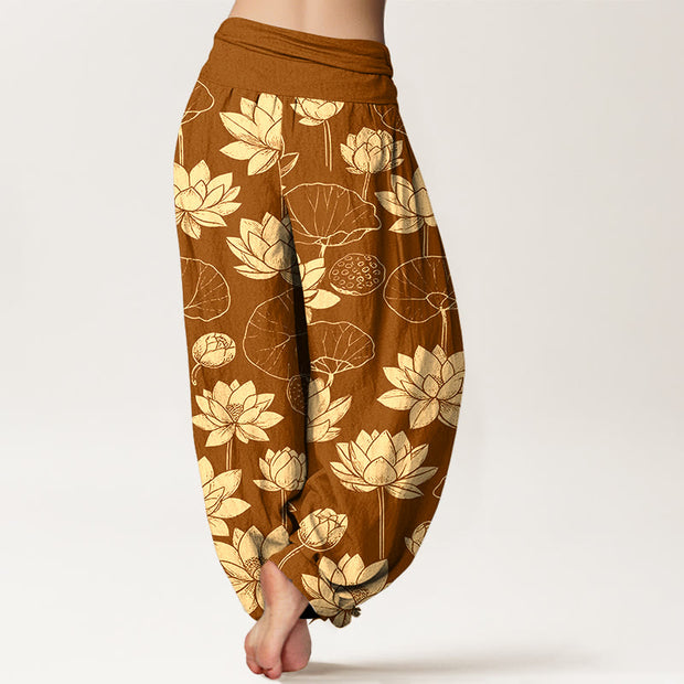 Buddha Stones Cotton Lotus Flowers Leaves Pods Pattern Women's Elastic Waist Harem Pants - image 6