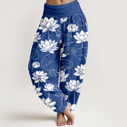Buddha Stones Cotton Lotus Flowers Leaves Pods Pattern Women's Elastic Waist Harem Pants - RoyalBlue - US16，UK/AU20，EU48 (3XL) - image 8