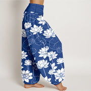 Buddha Stones Cotton Lotus Flowers Leaves Pods Pattern Women's Elastic Waist Harem Pants - image 10