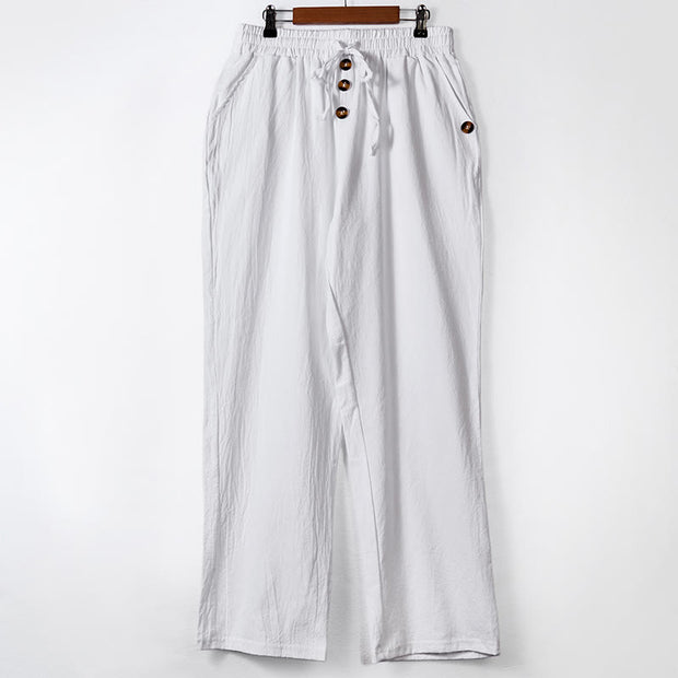 Buddha Stones Solid Color Buttons Drawstring Men's Cotton Pants With Pockets - White - US/UK/AU46，EU56 (3XL) - image 7