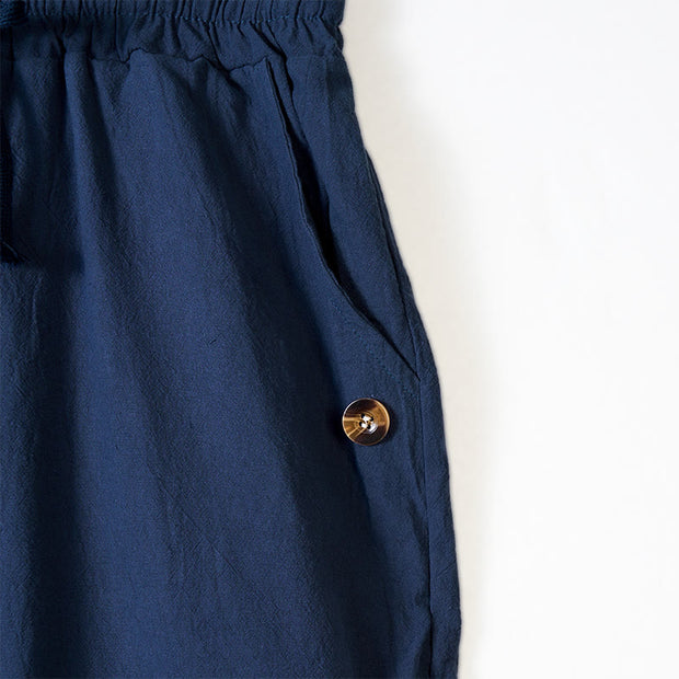 Buddha Stones Solid Color Buttons Drawstring Men's Cotton Pants With Pockets - image 3