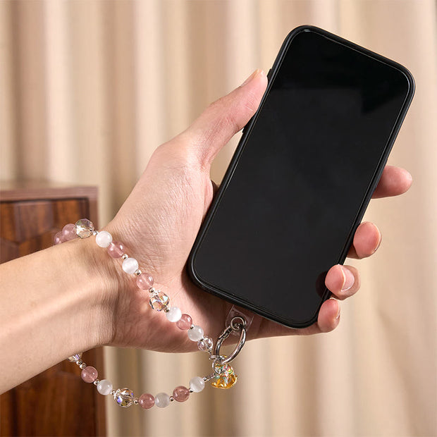 Buddha Stones Year of the Horse Strawberry Quartz White Cat's Eye Key Chain Phone Hanging Decoration - image 5