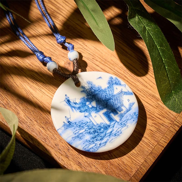 FREE Today: Enlightenment New Beginning Peony Peach Blossoms Lotus Ceramics Necklace Pendant - Village Landscape - image 12