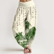 Buddha Stones Pure Cotton Chinese Calligraphy Landscape Painting Women's Elastic Waist Harem Pants - Beige - US16，UK/AU20，EU48 (3XL) - image 0