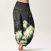 Buddha Stones Pure Cotton Chinese Calligraphy Landscape Painting Women's Elastic Waist Harem Pants - image 6