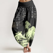 Buddha Stones Pure Cotton Chinese Calligraphy Landscape Painting Women's Elastic Waist Harem Pants - Black - US16，UK/AU20，EU48 (3XL) - image 5