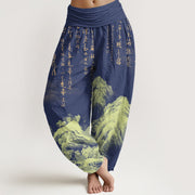 Buddha Stones Pure Cotton Chinese Calligraphy Landscape Painting Women's Elastic Waist Harem Pants - DarkBlue - US16，UK/AU20，EU48 (3XL) - image 8